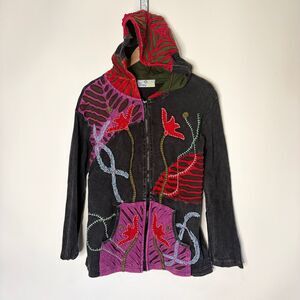 Happy Colors Hippie Hippy Sweatshirt Embroidered Grunge Zip Up Hoodie Women L